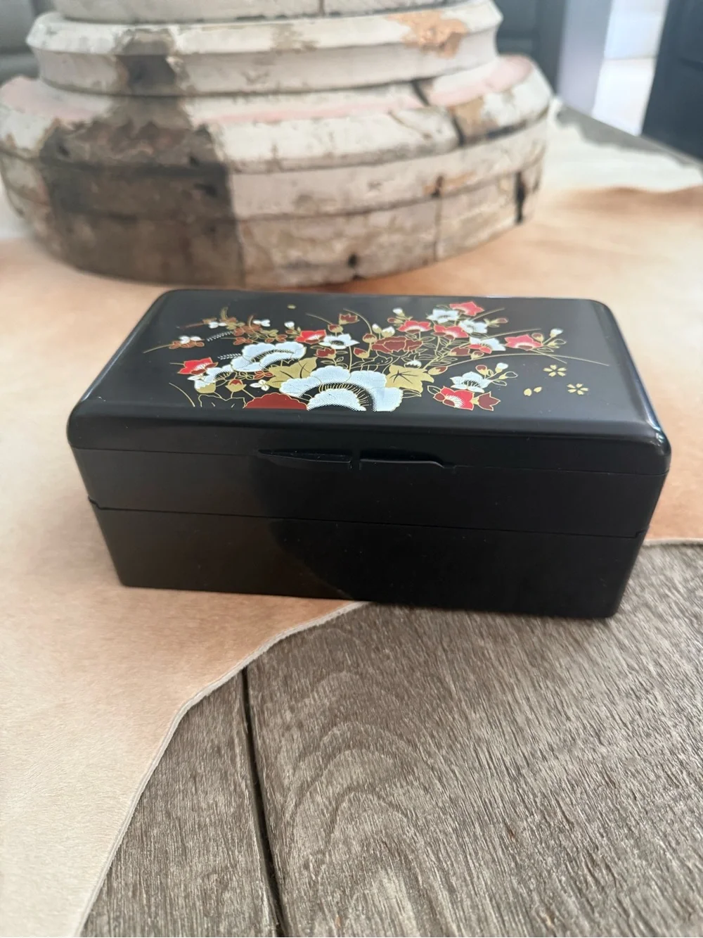 Vintage Asian Black Floral Lacquered Jewelry Box